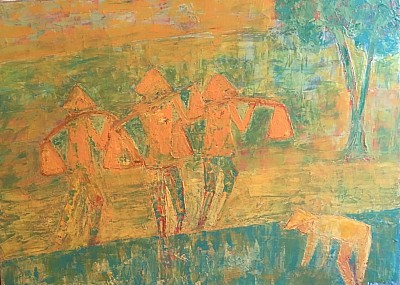 A travers les rizières.81x60 peinture a huile sur toile ou couteau