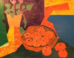    oranges et cyclamen 81x60 acrylic sur toile au couteau .prix.1.400€