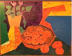 Nature morte au des fleurs cyclamen.et des pommes 1995 prix 2000€ 56x74 acrylique